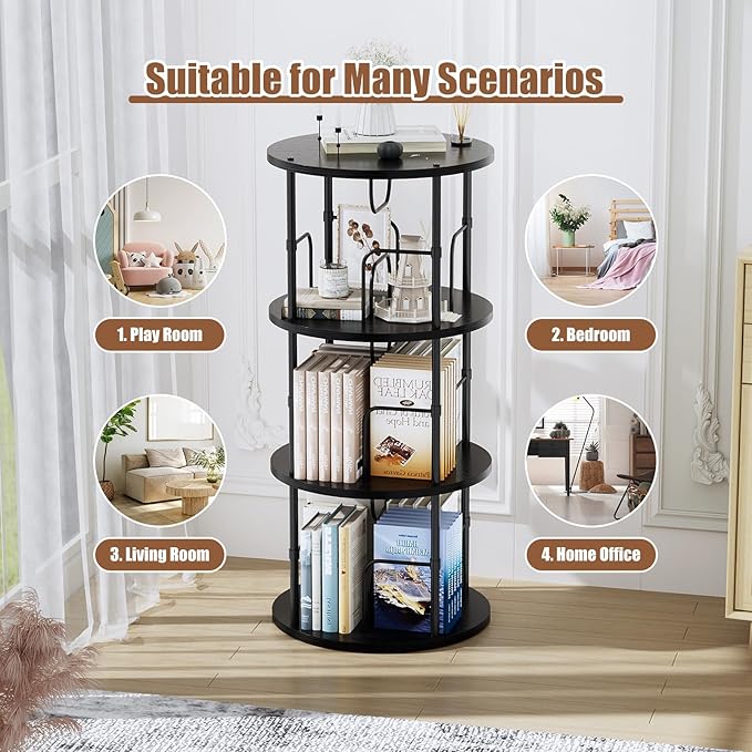 Rotating Bookshelf, 3 Tier Round Revolving Bookcase with Special Visible Partition Storage, 360° Display Spinning Small Bookshelf Tower Book Shelf Organizer for Bedroom, Small Space, Black