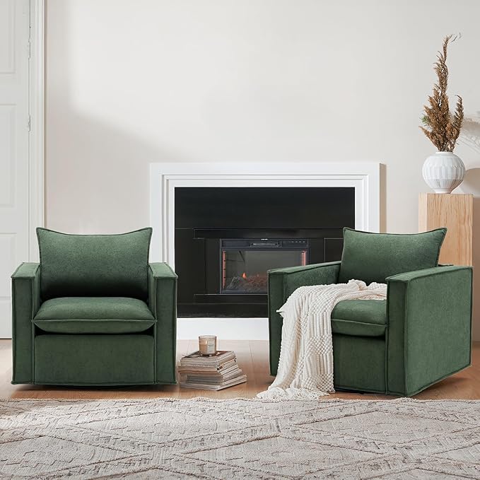 COLAMY Swivel Accent Chair Set of 2, Wide Upholstered 34in Living Room Chairs with Pillow Modern Comfy ArmChair Bedroom Reading Room Chair Sofa,Green