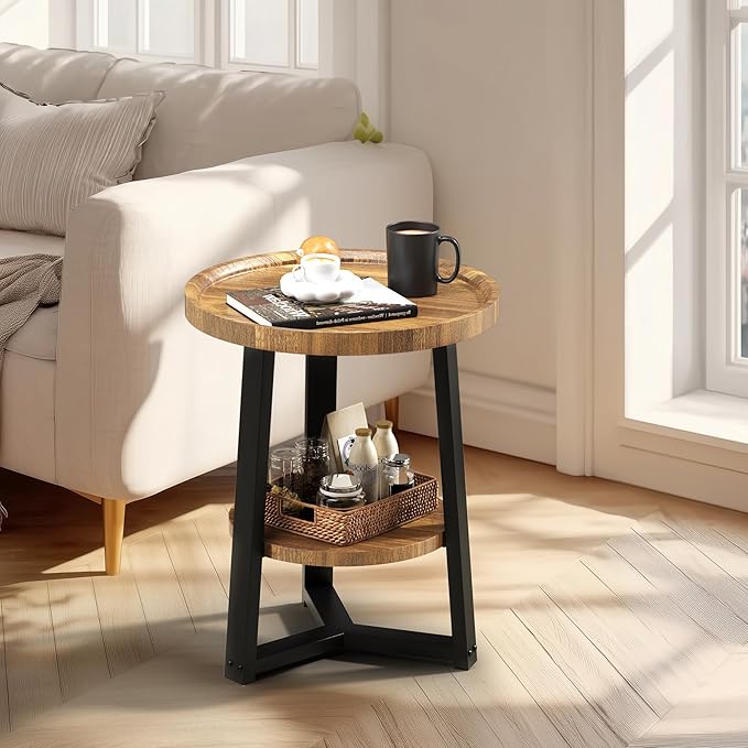 PPAMAPIC Round End Table, 2 Tier Side Table with Storage Shelf, Nightstand Accent Table for Living Room Bedroom Small Space, Black Metal Frame, 15.7" D x 19.7" H, Rustic Brown
