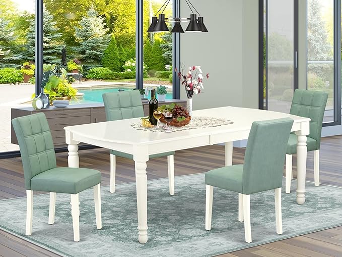 East West Furniture DOAS5-LWH-43 5 Piece Mid Century Modern Dining Set Includes A Wooden Table and 4 Willow Green Polyester Fabric Parsons Chairs, Linen White