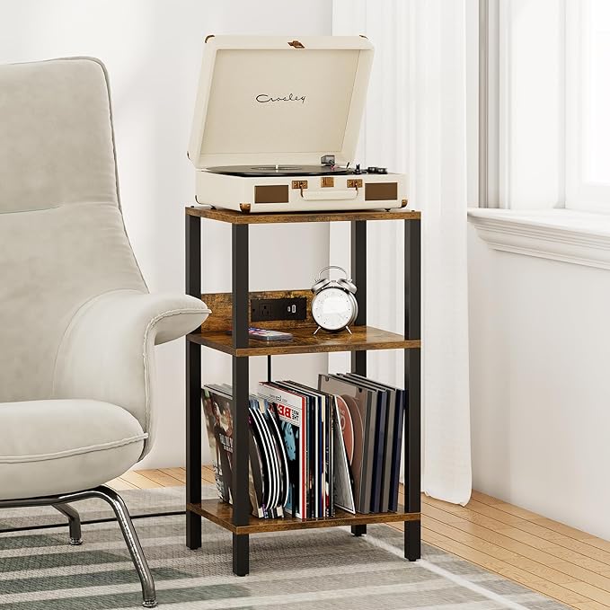 TUTOTAK Record Player Stand with Storage Up to 100 Albums，Record Storage Table,3 Tier End Table with Charging Station,Side Table for Living Room, Bedroom, Brown TB01BB076
