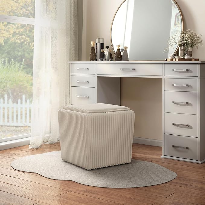 Furniture of America Lennox Modern Chenille 17-inch Square Storage Ottoman with Reversible Tray Top, Upholstered Footstool for Living Room, Bedroom, Entryway, Beige Pink