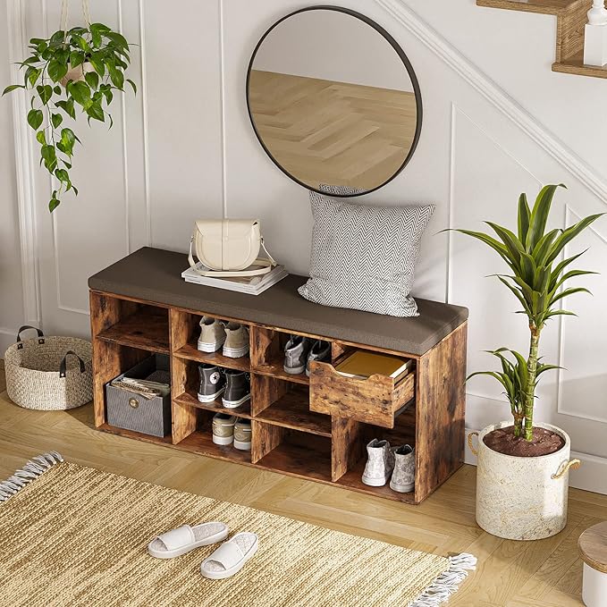 DINZI LVJ Shoe Bench, Entryway Storage Bench with Drawer and 11 Cubbies, Cubby Shoe Rack with Adjustable Shelves, Shoe Organizer Cabinet for Living Room, Mudroom, Closet and Garage, Rustic Brown