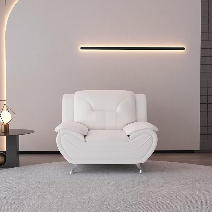 Container Furniture Direct Michael Modern Faux Leather Upholstered Stainless Steel Legs Living Room, Chair, Milky White