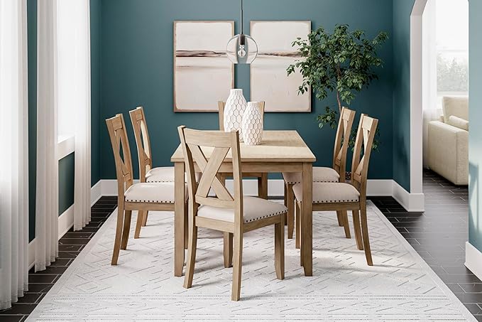 Signature Design by Ashley Sanbriar Casual Dining Table and Upholstered Chairs with Nailhead Trim, Set of 7, Light Brown & Beige
