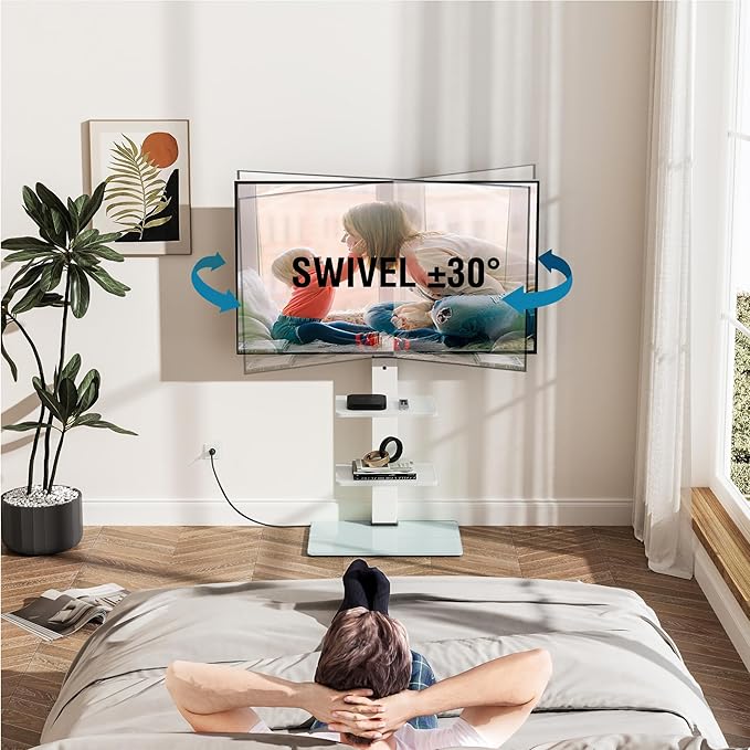 FITUEYES Floor TV Stand for 32-75 inch TV with Power Outlet, Tall TV Mount for Bedroom Living Room with Tempered Glass Base, TV Stand with Mount Holds Up to 88lbs MAX VESA 600x400mm,White