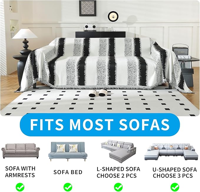 LUFEIJIASHI Boho Couch Covers for Sofa Non Slip Sofa Covers Washable Couch Covers for 3 Cushion Couch Sofa Pet Friendly Sectional Couch Cover Blanket Furniture Protector for Dogs (Black, 71"x134")