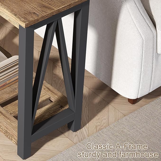 ChooChoo Farmhouse End Table Set of 2, Rustic Vintage Narrow End Side Table with Storage Shelf for Small Spaces for Living Room, Bedroom Rustic Oak & Black