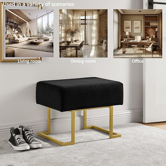 Modern Style Bedroom Single Seat Bench, Cushioned Bed end Stool, Living Room Sofa Stool, Footstool with Golden Iron Legs, Suitable for Bedroom and Living Room (Black, 21.65"x15.74"X16.53")