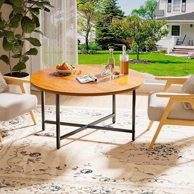 Round Coffee Table, 31.5" Circle Coffee Table，Modern Round Coffee Tables Living Room, Large Coffee Table Round for Indoor & Outdoor Use, Office, Patio or Garden, Warm Brown (31.5" D*17.7" H)