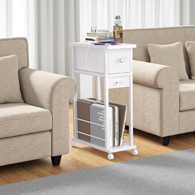 Side Table Set of 2,Side Table with Charging Station and Drawer, Narrow End Table with USB Ports and Outlets for Small Space, Living Room, Bedroom and Office, with 4 Wheels