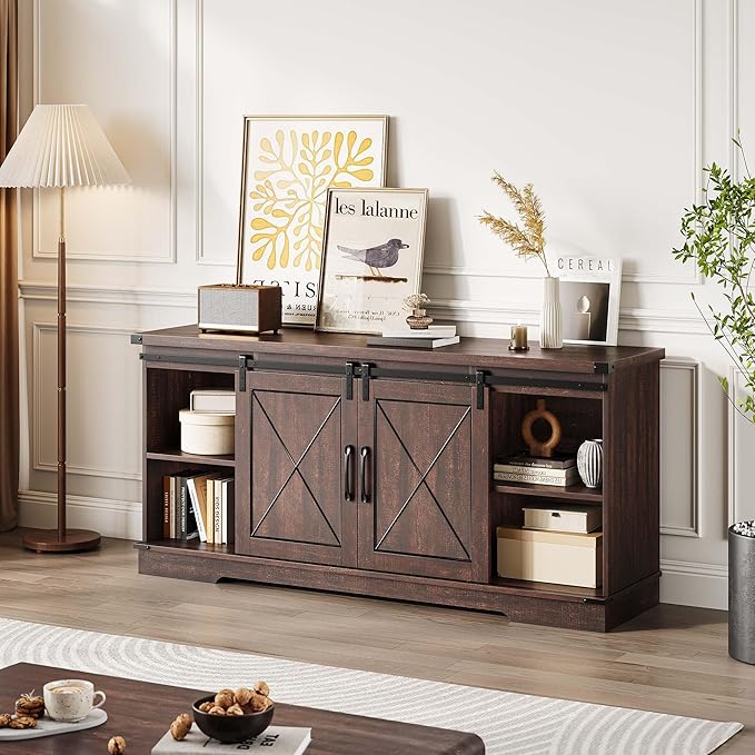 CABIHOME Farmhouse TV Stand and Entertainment Center for Tv up to 65 inches with Sliding Barn Doors and Adjustable Shelf, TV Media Storage Console Table for Living Room, Brown