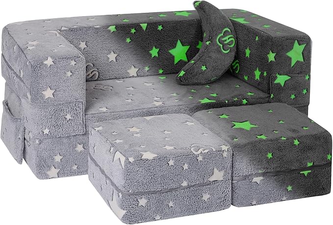 Modular Kids Sofa, Glow in The Dark Star Plush Couch, Convertible Kids Play Set, Fold Out Sofa Bed(Stars)