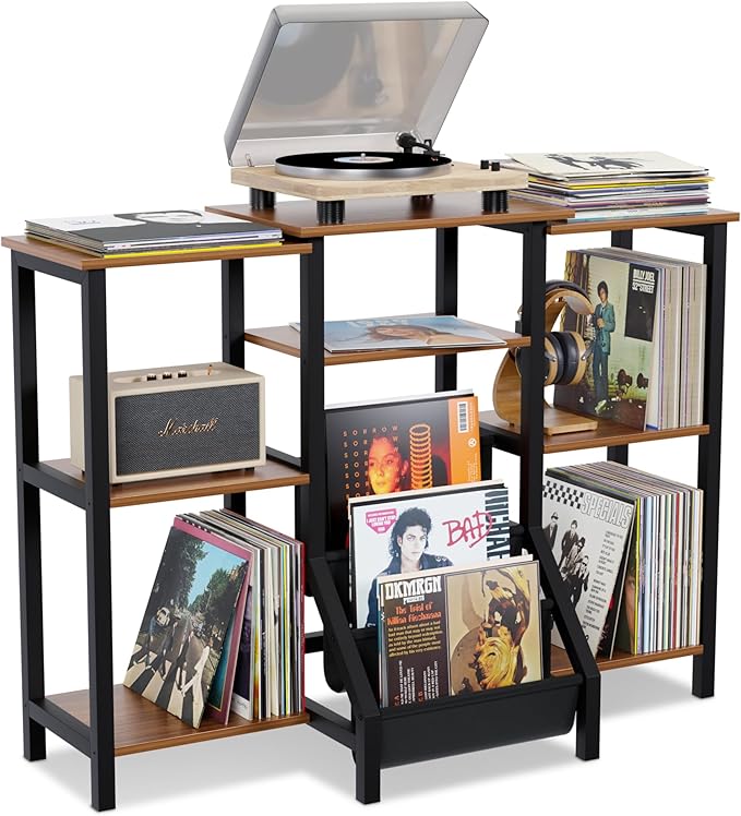 REVOLV Tall Record Player Stand with Vinyl Storage - Vinyl Record Stand with 3 Tier Shelf, Front Pouches - Versatile Music Table Cabinet for Books, Rustic Console Turntable Furniture for 300+ Records
