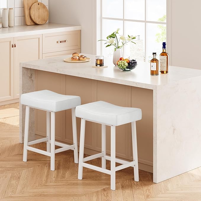 GarveeHome Counter Height Bar Stools Set of 2, 24 Inch Barstools for Kitchen Island Counter, Upholstered Padded Saddle Chairs with Curved Cushion, Easy Assembly, White