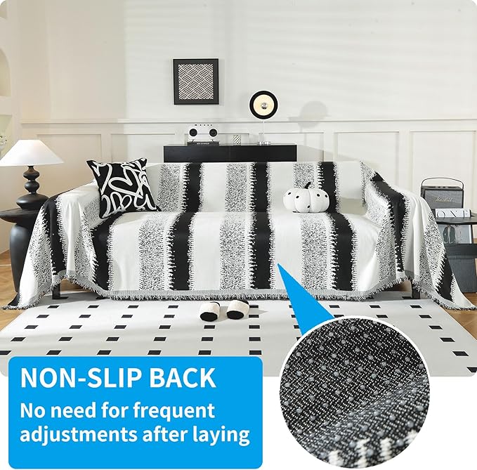 LUFEIJIASHI Boho Couch Covers for Sofa Non Slip Sofa Covers Washable Couch Covers for 3 Cushion Couch Sofa Pet Friendly Sectional Couch Cover Blanket Furniture Protector for Dogs (Black, 91"x150")