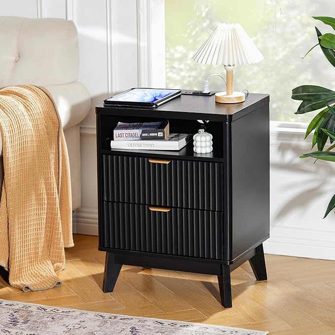 Fluted Nightstand Set of 2 with Charging Station, 19.7 inch Wide End Table with 2 Drawers, Modern Wood Bedside Table for Bedroom, Black
