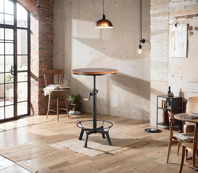 3-Piece Crank Handle Bar Table (33.5"-39.4") & 2 Backrests Stools (26"-32") Set for Pub Kitchen Dining Living Party Bistro Breakfast, Swivel Brown Top, Height Adjustable, Most Weld, Space-Saving