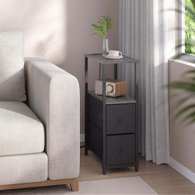 TUTOTAK Small Narrow End Table with Charging Station, Set of 2, Side Table with Outlets, Nightstand with 2 Cloth Drawers, Couch Table, for Living Room, Bedroom, Bedside, Charcoal Grey TB01BY055