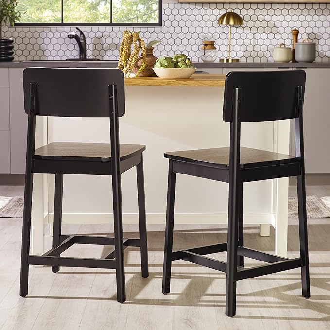 Walker Edison 2-Piece Minimalist Solid Wood Counter Stool, Set of 2, Black