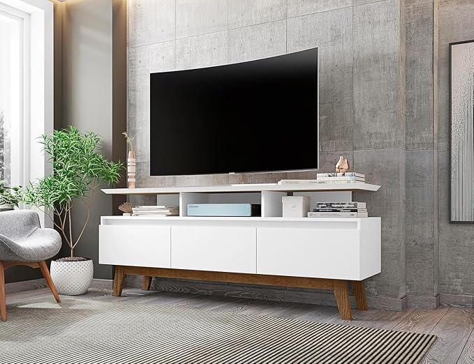 Manhattan Comfort Yonkers 63 Inch Mid Century Modern TV Stand with Storage, 3 Flip Down Door, Hole for Wire Management, Fits Up to 60" Television, Durable & Versatile Console Table, White