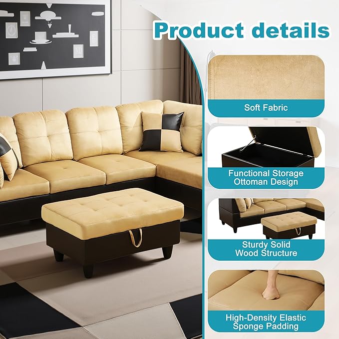 Couches for Living Room Modern L Shaped Couch Comfy Lint Fabric 3 Pieces Sectional Sofa with Chaise, Ottoman with Storage for Office and Small Apartment, Beige and Brown