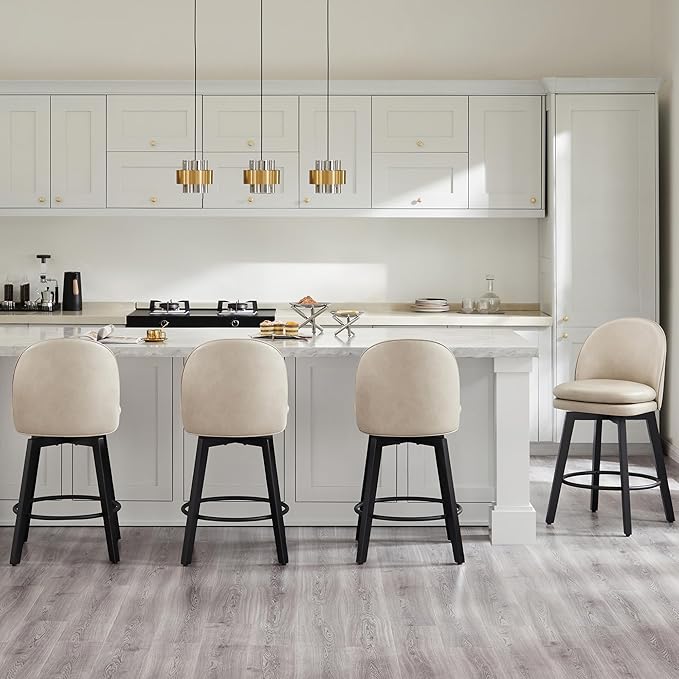 Counter Height Barstools 26 inch Upholstered Swivel Bar Stools with Back and Wood Legs for Kitchen Island,Set of 2,Beige PU Leather-Armless