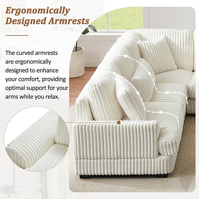 129" Oversized U Shaped Modular Sectional Sofa Couch for Living Room 7 Seater Plush Corduroy Upholstered Large Sofa Deep Seat Cloud Couch with Extra Wide Chaise Lounge and Detachable Thick Cushions