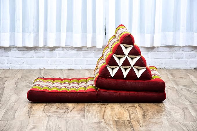 Leewadee - Comfortable Japanese Floor Mattress Used As Thai Floor Bed with Triangle Cushion, Futon Mattress Or Thai Massage Mat, 67 x 21 inches, Green Red