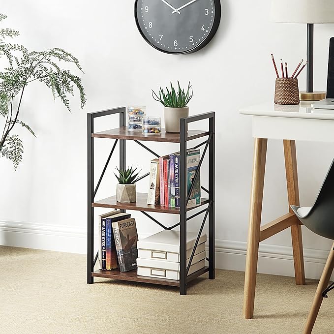 3 Tiers Bookshelf, Home Office Bookcase Shelf Storage Organizer for Bedroom, Living Room and Home Office, Walnut Brown(Small)