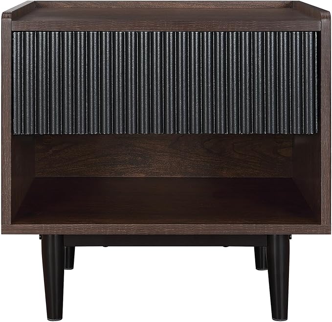 Manhattan Comfort Duane Modern Ribbed Nightstand, Bedside Table with Full Extension Drawer and Open Shelf, Industrial Chic Living Room and Bedroom Furniture, Black