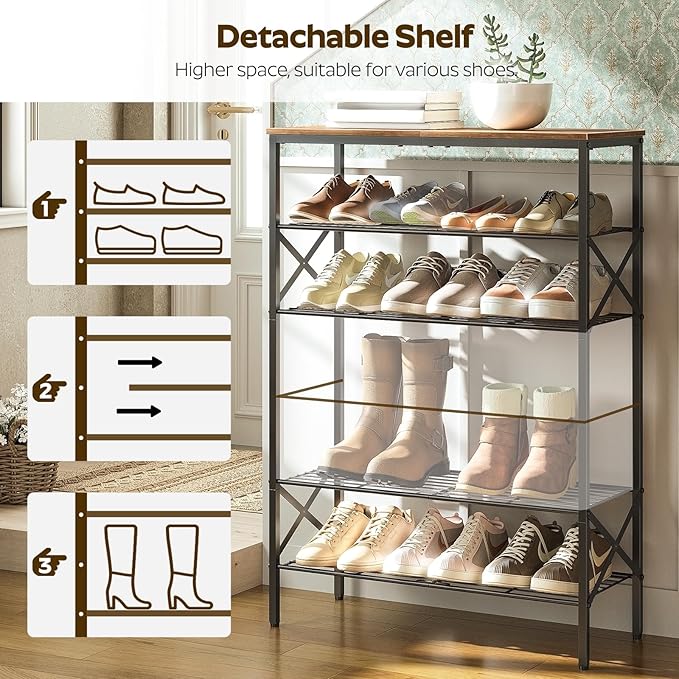 6-Tier Shoe Rack, Shoe Storage Organizer for Closet, Free Standing Shoe Organizer with Metal Mesh Shelves, 24 Pairs of Shoes, Rustic Brown and Black SS06BR