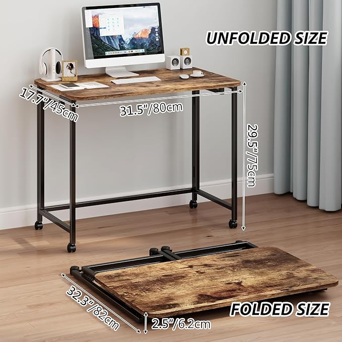 JSB Small Folding Computer Desk with Storage Bag and Hook Writing Modern Industrial Work Table Laptop for Home Office White (Rustic & Brown, 31.5")