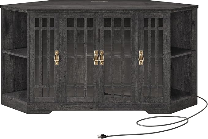 IRONCK Corner TV Stand for TVs up to 60 Inch with Power Outlet, Corner Entertainment Center with Storage Cabinet and Glass Doors, Mid Century Modern TV Stand for Living Room, Bedroom, Charcoal Grey