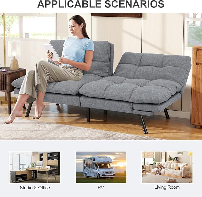 Vipbear Futon Sofa Bed Couch, 71" Convertible Sofa Bed, Space-Saving Loveseat with Adjustable Backrest & Armrest for Living Room,Apartment,Office,Medium Grey Sleeper Sofa