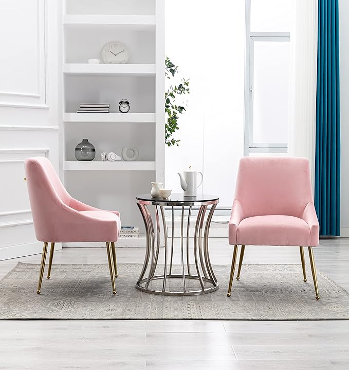 Velvet Dining Chairs Set of 2, Furniture Collection Modern Contemporary Upholstered with Polished Gold Metal Legs(Pink)