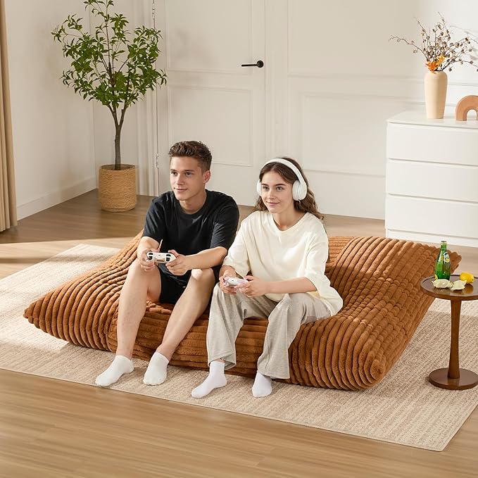 3-in-1 Giant Bean Bag Chair for Adults & Kid, Convertible Floor Sofa to Mattress, High-Density Foam Chair Bed with Washable Cover, Multi Functional Lounge Couch for Bedroom, Living Room (Orange)