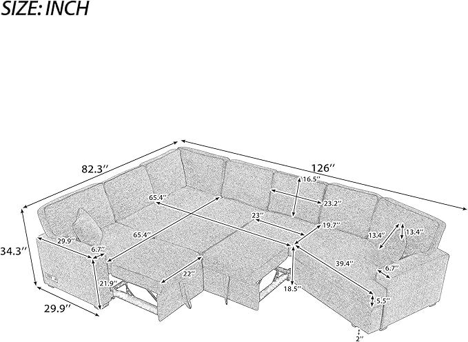 126" Extra Large Pull-Out Sofa Bed with Drop-Down Cup Holder Tables,L-Shaped Sectional Cozy Couch W/Charging Device,Convenient Sleeper Furniture Set for LivingRoom Apartment,Black Chenille