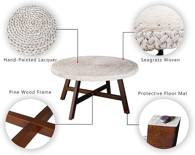 Round Coffee Table,RANDEFURN Seagrass Coffee Tables,Pine Wood X Base Frame Cocktail Table, Easy Assembled, Multiple Sizes for Living Room, Solid Wood Table,32 x 17 Inches,Whitewash