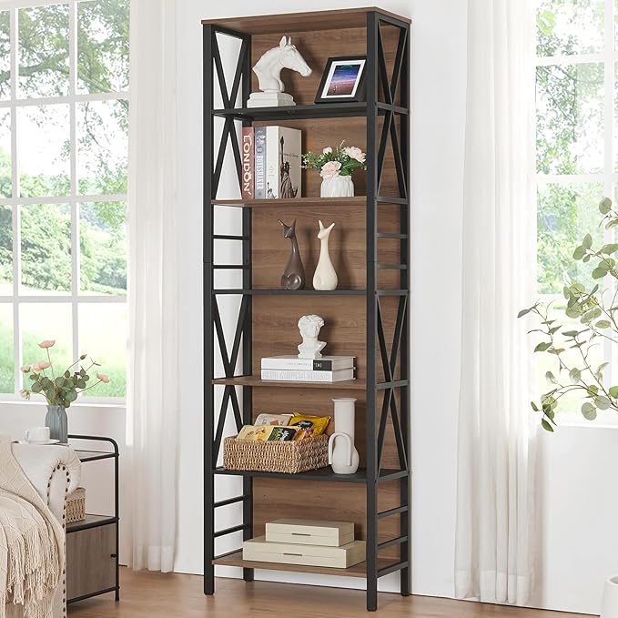 HOMISSUE Tall Bookshelf, 7-Tier Book Shelf, Rustic Wood Metal Bookshelves and Bookcases, Freestanding and Industrial Open Bookcase for Home Office, Living Room and Bedroom, Vintage Brown