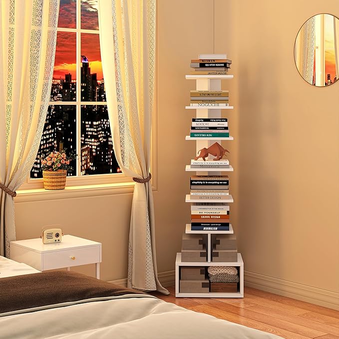 TUTOTAK Narrow Bookshelf, Vertical 8-Tier Bookcase, Spine Book Shelf for Small Space, Small Standing Shelf for Living Room, Office, Study, Entryway, White BS07BW008