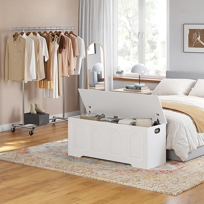 DINZI LVJ Storage Chest, 47.2”Wooden Storage Box with 2 Safety Hinges, Entryway Shoe Bench with Flip-Top, Large Trunk for Living Room, Bedroom, Easy Assembly, White