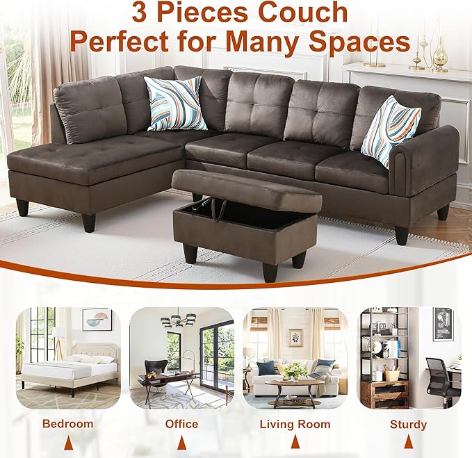 Osparple L Shaped Couch Sectional Couches for Living Room Upholstered Flannel 3 Pieces Modular Sectional Sofa with Chaise, Ottoman with Storage for Living Room and Small Apartment, Dark Brown