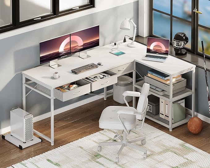 AODK 61 Inch L Shaped Computer Desk with Drawers, Corner Desk with Power Outlets & Reversible Storage Shelves, Movable CPU Stand for Home Office Gaming, White