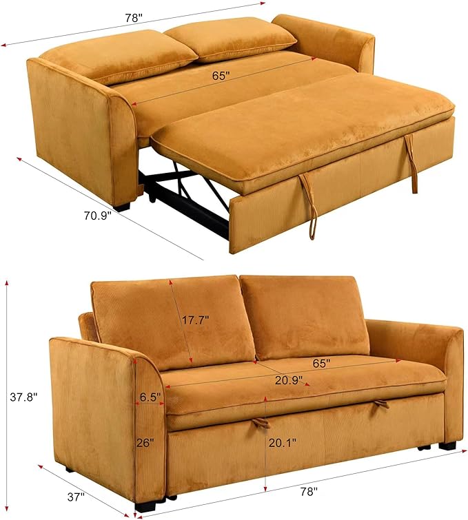Queen Size Convertible Loveseat Sofabed 3 in 1 Convertible Sleeper Sofa Bed with Pull Out Couch Bed and Reclining Backrest, Oversized Corduroy Upholstered Sofa&Couch for Living Room Home Apartment RV