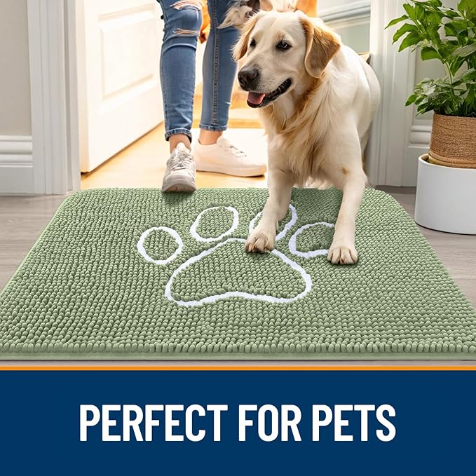 OLANLY Door Mat for Muddy Dog Paws 40x32, Ultra Absorbent Chenille Mud Doormat with Paw Print Design, Non-Slip Washable Doormat for Indoor Entryway, Quick-Dry Pet Bed Mats for Dirty Dogs, Sage Green