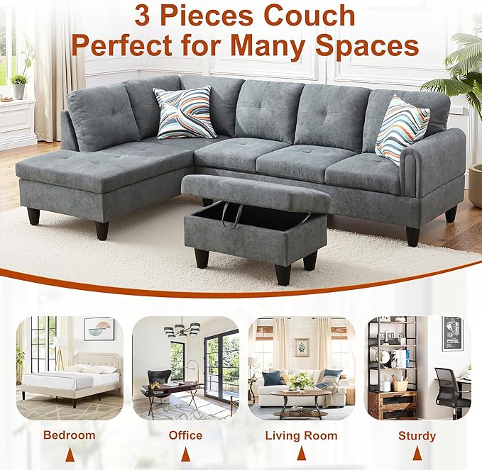 Osparple L Shaped Couch Sectional Couches for Living Room Upholstered Fluffy Fabric 3 Pieces Modular Sectional Sofa with Chaise, Ottoman with Storage for Living Room and Small Apartment, Dark Grey