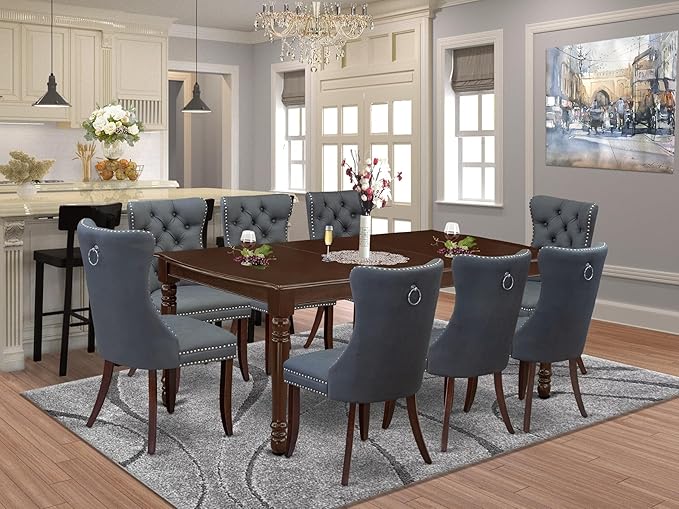 East West Furniture DODA9-MAH-13 9 Piece Dining Set Includes a Rectangle Solid Wood Table with Butterfly Leaf and 8 Polyester Fabric Upholstered Chairs, 42x78 Inch, Mahogany