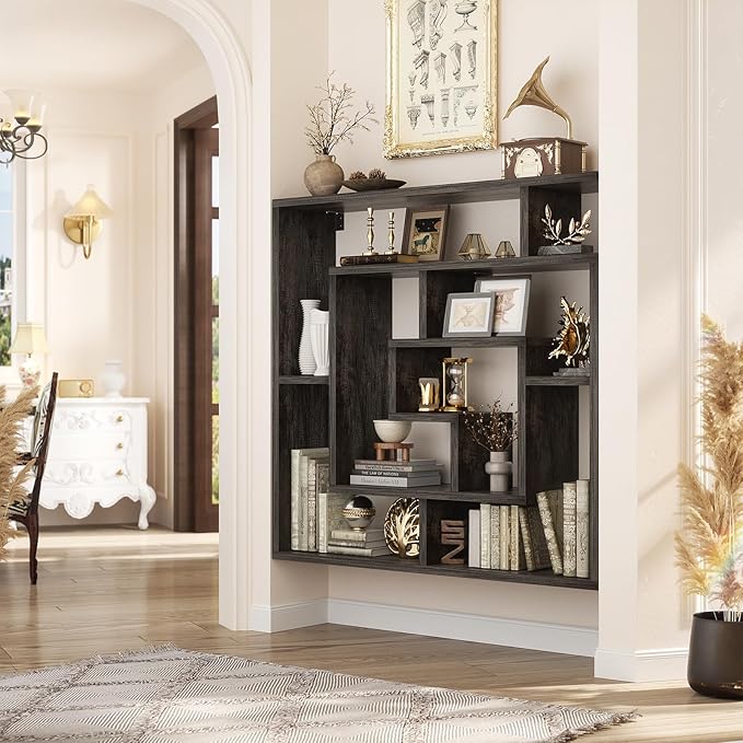 armocity 6 Tier Display Book Shelf Wall Mounted Bookshelf Freestanding Geometric Bookcase Floating Book Shelves for Wall Bedroom Living Room Home Office, 45.5"(W) * 47"(H), Grey Oak