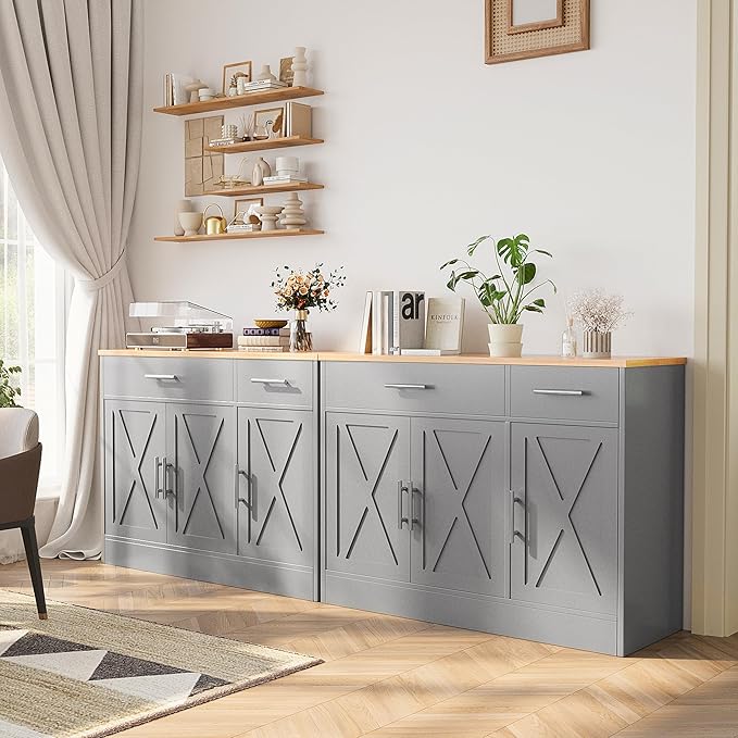 Shintenchi Modern Farmhouse Sideboard Buffet Cabinet with Storage with 3 Doors, 42"Barn Doors Buffet Cabinet with Storage, Wood Coffee Bar Cabinet with Adjustable Shelf for Kitchen, Living Room, Grey